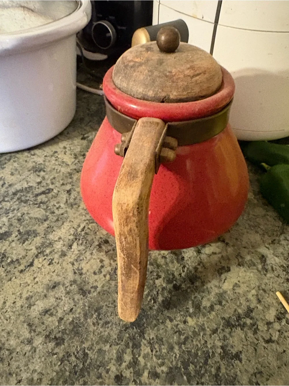 Red Ceramic Teapot with Wooden Handle and Lid - Brand Unspecified